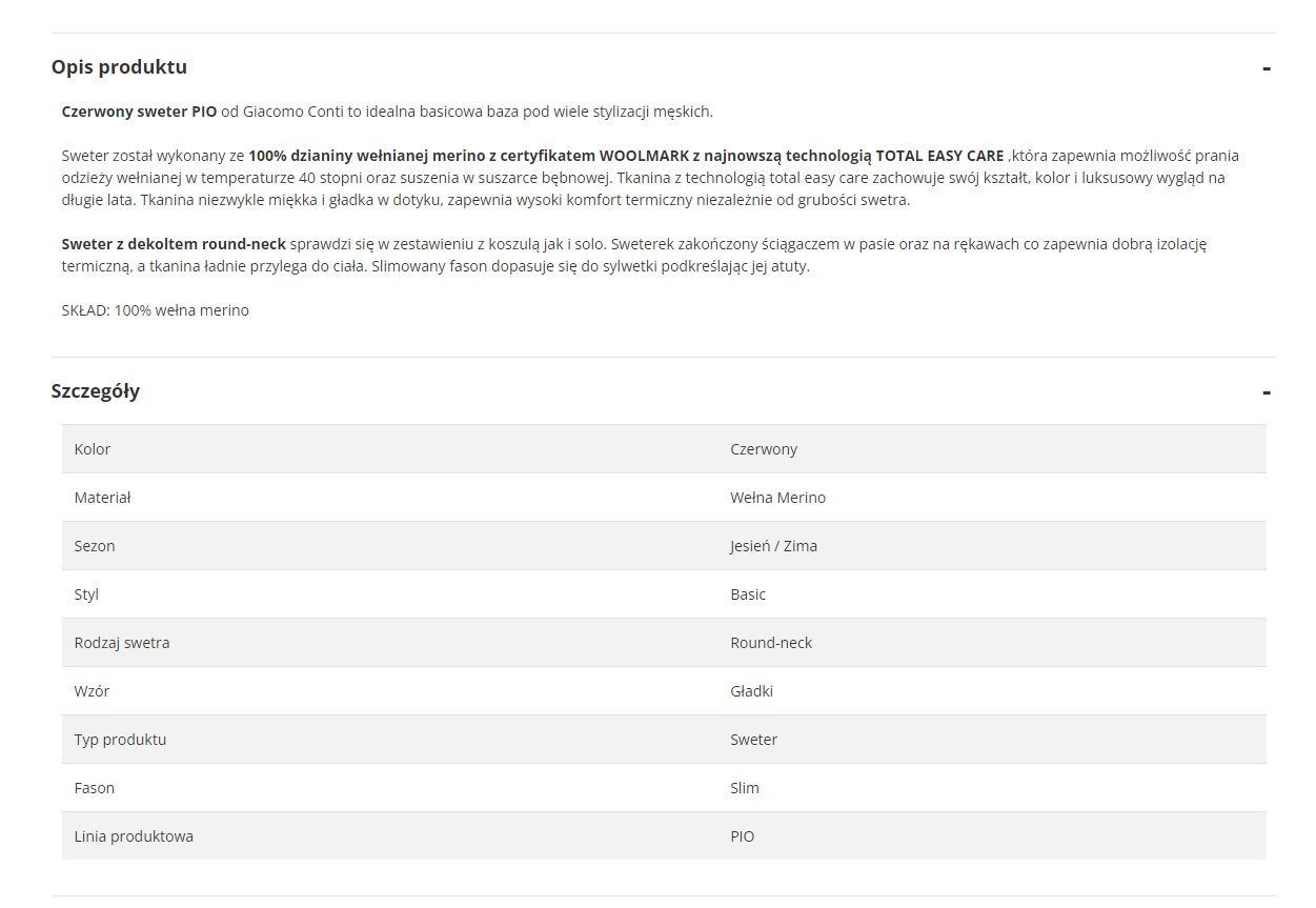 przykład opisu produktu w sklepie z modą męską