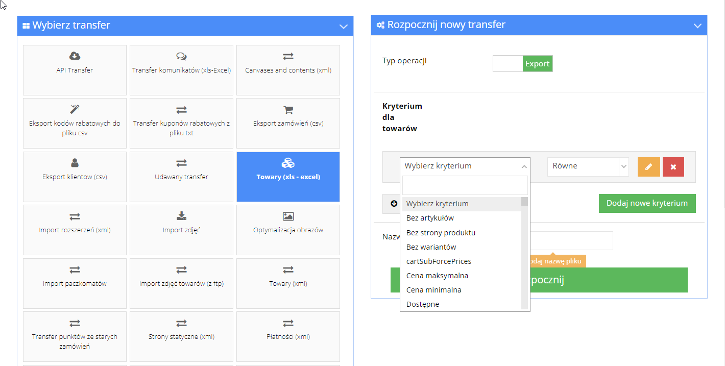 panel administracyjny dodanie kryteriów do transferowanych towarów