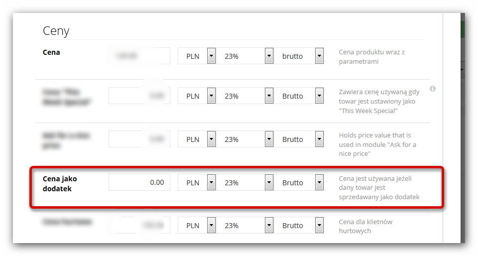 backend - dodatki e commerce - ustawianie ceny dodatku